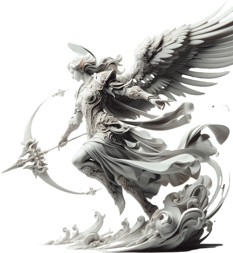 angel warrior moving left.
Single Game Texture. In-Game asset. 2d. Blank background. High contrast. No shadows.