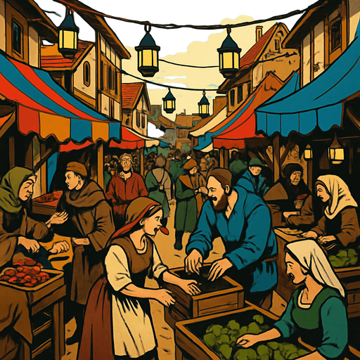 A crowded medieval street market with colorful tents, villagers bargaining, hanging lanterns, dirt road and wooden stalls, lively and rustic, realistic.
In-Game asset.  2d.  High contrast.  No shadows