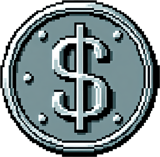 silver coin, $ sign on it, snes art.
Single Game Texture.  In-Game asset.  2d.  Blank background.  High contrast.  No shadows