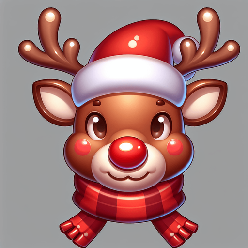 one cute christmas reindeer head with a red nose. plastic style. Single Game Texture. In-Game asset. 2d. Blank background. High contrast. No shadows.