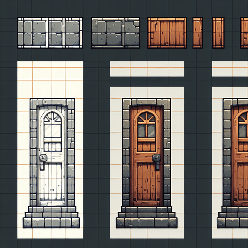 create a door with window.
Single Game Texture.  In-Game asset.  2d.  Blank background.  High contrast.  No shadows