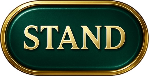Crea un asset visual para el botón 'STAND' (Plantarse) para la mesa de Blackjack de lujo.

Objetivo: Un botón claro y elegante que permita al jugador finalizar su turno, coherente con la opulencia del casino.

Diseño:

Forma: Óvalo o rectángulo con bordes suaves, prominente y fácil de pulsar.

Texto Central: La palabra 'STAND' (o 'PLANTARSE') en mayúsculas, con tipografía audaz, limpia y elegante de casino.

Color: Base en un color que contraste con 'HIT' y 'DEAL' pero mantenga la elegancia. Considera un verde esmeralda profundo o un azul zafiro, con acabado metálico o pulido.

Borde: Un borde brillante en dorado o plateado.

Efectos (si Upit lo permite):

Sutil efecto de relieve o biselado para darle profundidad.

Un ligero brillo o resplandor que lo haga destacar.

Textura que simule metal pulido o un material lujoso.

Fondo: Asset independiente con fondo transparente.

Sensación: Debe transmitir decisión, control y la profesionalidad del juego..
In-Game asset.  2d.  High contrast.  No shadows
