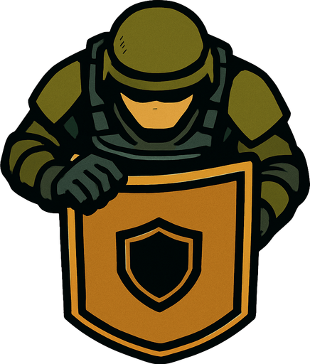 Üstten bakış agır kalkanlı kalkanı önüne tutmuş  modern asker.
In-Game asset.  2d.  High contrast.  No shadows