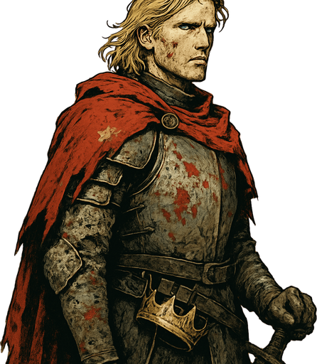A young prince in a tattered royal cloak, wearing armor half-covered in mud and blood. Male, 31 years old, tall and proud despite exile, with golden blond hair to his shoulders, piercing blue eyes, and fair skin hardened by years of hardship. A broken crown hangs from his belt. He stares out over a ruined battlefield with determination. Realistic, highly detailed, noble tragic style. realistic.
In-Game asset.  2d.  High contrast.  No shadows