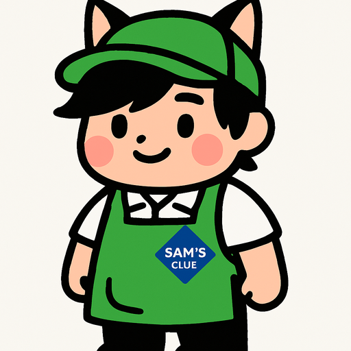 Es una trabajador de sams club, adorable, cabello un poco de emo, un poco cacheton y orejas de gatito en forma de diadema por encima de su gorra
 con gorra verde y mandil verde, playera polo blanca y pantalon negro.
In-Game asset.  High contrast.  No shadows