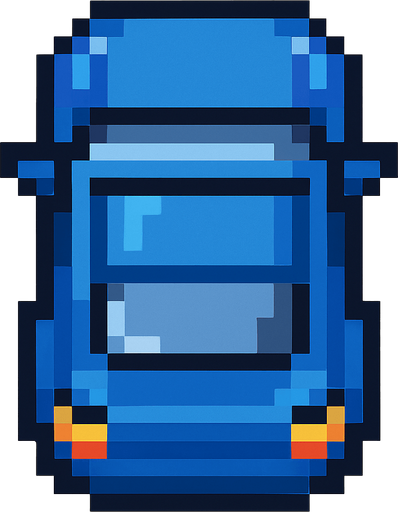 Blue car 2d pixilated topdown.
In-Game asset.  2d.  High contrast.  No shadows