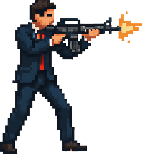 un hombre de traje hecho con pixeles de cuerpo completo apuntando con un  rifle de asalto m4