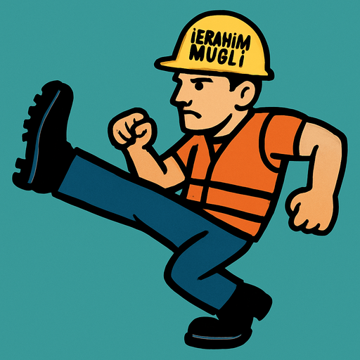 Üstünde ibrahim muğli yazan baretli işçi tekme atarken.
In-Game asset.  2d.  High contrast.  No shadows