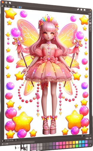 A very colourful sparkling pink fairy doll in yellow orange and soft colours kawaii doll with glowing jellys stars kawaii sweet beautiful wearing beautiful dress shoes magical wand.
Single Game Texture. In-Game asset. 3d. Blank background. High contrast. No shadows.theme