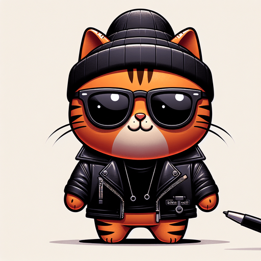 The character in the image is a cartoon-style, orange tabby cat with noticeable stripes. It has a round face, adorned with a pair of oversized, black wayfarer sunglasses, and atop its head sits a cool black beanie hat. The cat's body is smaller in comparison to its head, emphasizing its cute, chubby appearance. It's clad in a cool black leather jacket, adding an edge to its look. Positioned with its paws visible in front, the cat showcases a relaxed posture. The overall style is playful and whimsical, making it an ideal choice for a casual mascot or a character in a children's book..
Single Game Texture. In-Game asset. 2d. Blank background. High contrast. No shadows.