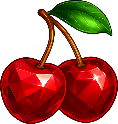 Crea un asset para el símbolo 'E' de Megaways: Cerezas Lujosas.
Dos cerezas rojas, estilizadas para parecer joyas o gemas, con una superficie brillante y reflejos. El tallo debe ser fino y elegante. Colores rojos intensos y brillantes. Estilo de casino sofisticado. Fondo transparente. Un giro elegante a un clásico (20x).
In-Game asset.  2d.  High contrast.  No shadows