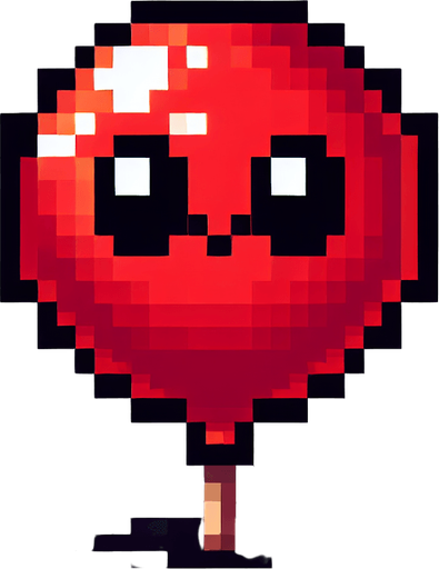 cute red balloon. looking up. feeling scared. Single Game Texture. In-Game asset. 2d. Blank background. High contrast. No shadows. pixel. 8 bit