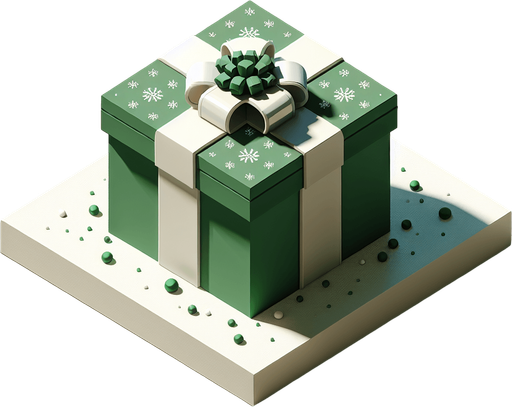 a big green and white christmas gift ornated. isometric view. nothing under. Single Game Texture. In-Game asset. 2d. Blank background. High contrast. No shadows.