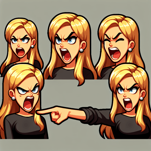 karen a white blonde woman from the meme "karen" screaming and point her finger to the right.
Single Game Texture.  In-Game asset.  2d.  High contrast.  No shadows