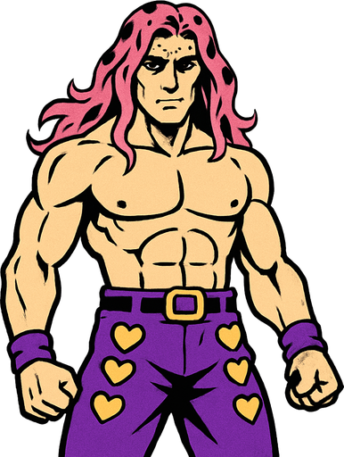 Un hombre con pelo largo color rosado con manchas negras y sin camisa con pantalón morado jojo's.
In-Game asset.  2d.  High contrast.  No shadows
