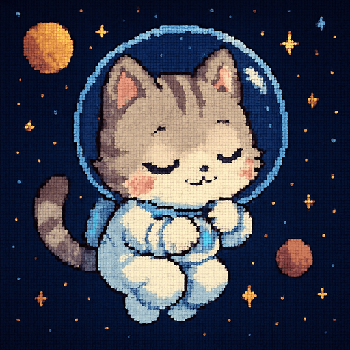 A cute kitten, illustrated in an adorable chibi anime style and wearing an astronaut suit, floats peacefully through outer space, sleeping in the most precious, curled-up position imaginable. Its tiny paws are tucked in close, and its expression is serene. The entire scene is rendered in a charming Pixel Art style.