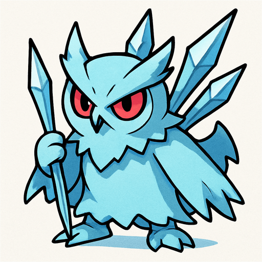Um monstrinho do tipo Gelo inspirado em Pokémon e Digimon com aparência de Coruja fantasma classe guerreiro com lanças de Gelo nas costas arte com contorno de preto
