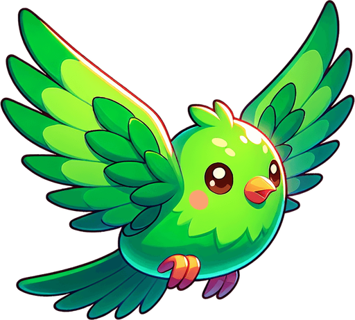A happy little green bird flying..
Single Game Texture. In-Game asset. 2d. Blank background. High contrast. No shadows.