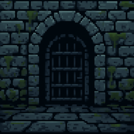 Background image of gate leading into a dark dungeon. Walls are grey and mossy stones. Retro pixel art..
In-Game asset.  2d.  High contrast.  No shadows