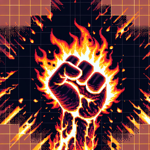 Text SUPER COMBO! Gradient, Fists In fire.
Single Game Texture. In-Game asset. 2d. Blank background. High contrast. No shadows, Detailed Pixel art style