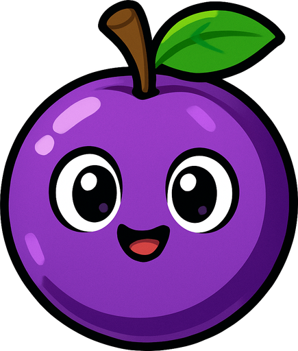 Ciruela Fruta con ojos lindos.
In-Game asset.  2d.  High contrast.  No shadows. Cartoon.