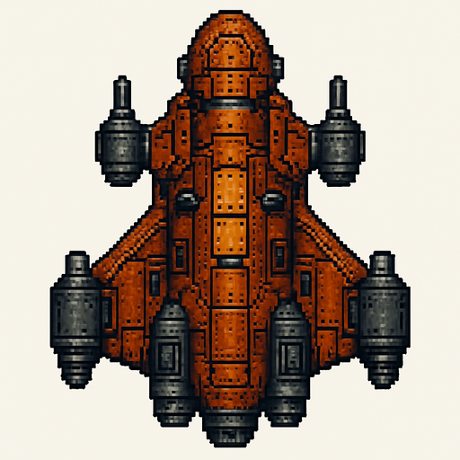 Бронированный летающий корабль звездолет пиксельный вид сверху 2д.
In-Game asset.  2d.  High contrast.  No shadows