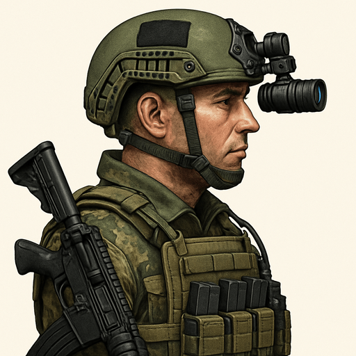 Komando, yazısız, gerçekçi, yandan görünüm.
In-Game asset.  2d.  High contrast.  No shadows