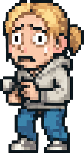 Create a pixel-art main character sprite of a scared blonde woman for a 2D horror survival game. She should have light blonde hair (shoulder length or tied in a ponytail), wide anxious eyes, and a pale complexion. Her outfit should be casual: a light-colored shirt or hoodie, jeans, and sneakers. The character should appear visibly nervous or frightened – slightly hunched posture, hands close to body, maybe holding a flashlight. Include subtle animation or idle pose showing fear. Style should match retro horror games. PNG with transparent background, front-facing idle stance..
In-Game asset.  2d.  High contrast.  No shadows