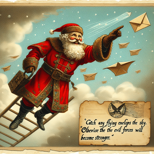 a pergament of santa catching a flying envelope in the sky. There is the text "Catch any flying envelopes in the sky. Otherwise the evil forces will become stronger."