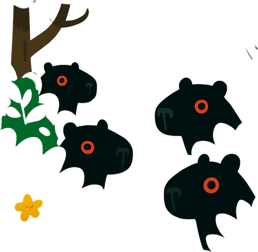 Crea un bosque verde alegre. Pero escondidos en las ojas de los arbustos aparecen capybaras de color negros con ojos rojos..
In-Game asset.  2d.  High contrast.  No shadows