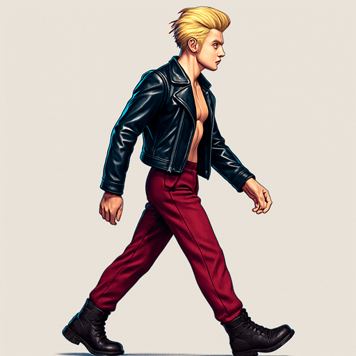 Walking, Front arm in front of body, front leg extended behind, back leg in front, limbs positions swapped, Swishy graceful man Cyberpunk manga, side profile view walking animation, shiny black leather biker jacket longsleeves shirtless Skinny abs blonde pompadour guy, wine red joggers combat boots, Background removed, "Full-body character, entirely in frame, no cropping of face, head, or feet" "Complete character visible, from head to toe, fully centered in the image" "Entire character, including face and boots, fully within the frame" Character fully contained within a square frame, no edges cut off fashion model idle pose