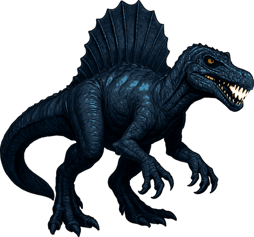 A large, realistic Spinosaurus dinosaur with dark navy-blue scaly skin, accented by lighter blue streaks along its sail and limbs. It has a long crocodile-like snout filled with sharp teeth and piercing yellow eyes. The sail on its back is tall and jagged, matching the dark tones of the body. Its tail is wide, flattened, and paddle-like—similar to a newt or salamander’s tail—designed for swimming. The muscular arms have large claws, and the overall posture is slightly hunched as if it’s ready to dive into the water. The skin texture shows rough scales, subtle wrinkles, and scars for a realistic semi-aquatic look..
In-Game asset.  2d.  High contrast.  No shadows