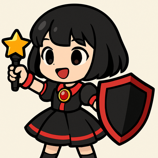 Esta chica tiene un diseño de estilo chibi anime, lo que le da un aspecto adorable y expresivo. Aquí va una descripción detallada:

🔸 Apariencia general:
Es una niña pequeña de proporciones caricaturescas, con cabeza grande y cuerpo diminuto, típica del estilo chibi.

🔸 Cabello:
Cabello negro, corto, llega hasta sus hombros. Estilo honguito.

🔸 Ropa:
Viste un traje colorido similar al de una idol japonesa:

Vestido negro con detalles rojos

Gema roja en el pecho

Falda con vuelo, color negro y una línea roja en el final de la falda

🔸 Accesorios:

Lleva un micrófono con forma de estrella en una mano, lo que sugiere que es una cantante o idol.

En la otra mano, sostiene un escudo de color negro con detalles rojos del tamaño de su cuerpo, lo cual le da un toque de una escudera alegre
🔸 Expresión:
Tiene una expresión alegre, decidida y enérgica, como si estuviera lista para una canción. Tiene la boca abierta de felicidad, simulando que canta feliz para sus fans.
In-Game asset.  2d.  High contrast.  No shadows