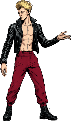 Swishy graceful man Cyberpunk manga, idle animation, shiny black leather biker jacket longsleeves shirtless Skinny abs blonde pompadour guy, wine red joggers combat boots, Background removed, "Full-body character, entirely in frame, no cropping of face, head, or feet" "Complete character visible, from head to toe, fully centered in the image" "Entire character, including face and boots, fully within the frame" Character fully contained within a square frame, no edges cut off fashion model idle pose