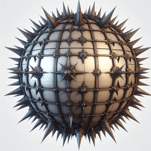 küre her yöne simetrik demir diken.
Single Game Texture. In-Game asset. 2d. Blank background. High contrast. No shadows.