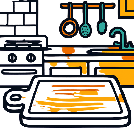 a chopping board with a kitchen background.
In-Game asset.  2d.  High contrast.  No shadows