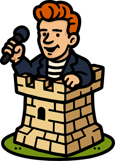 "Rickroller": A RickAstley tower holding a mic.
In-Game asset.  2d.  High contrast.  No shadows