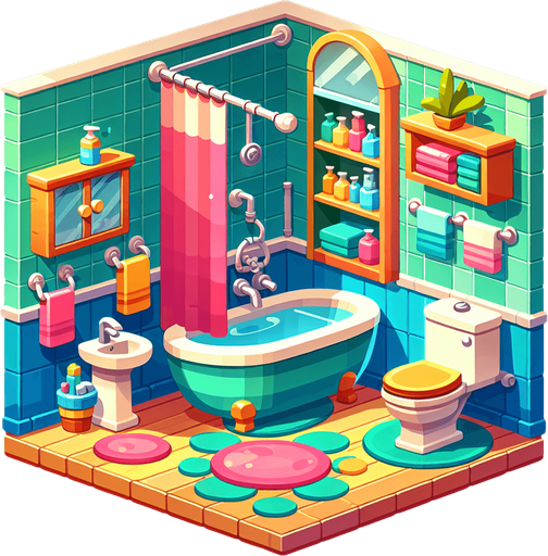 Bathroom cartoony.
In-Game asset.  2d.  High contrast.  No shadows