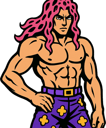 Un hombre con pelo largo color rosado con manchas negras y sin camisa con pantalón morado jojo's.
In-Game asset.  2d.  High contrast.  No shadows