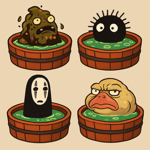 Japanese circle bath have different stink spirits from movie "spirited away". each one per bath. HD colors.
In-Game asset.  2d.  High contrast.  No shadows