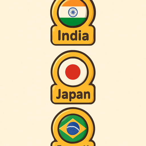 A flat, 2D game UI-style asset showing a vertical set of three country pins labeled: "India", "Japan", and "Brazil". Each pin includes a circular flag icon above the text label. The layout is columnar, cartoonish, and visually clean. Each pin should be exportable or usable individually for a mobile game's level selection screen..
In-Game asset.  2d.  High contrast.  No shadows
