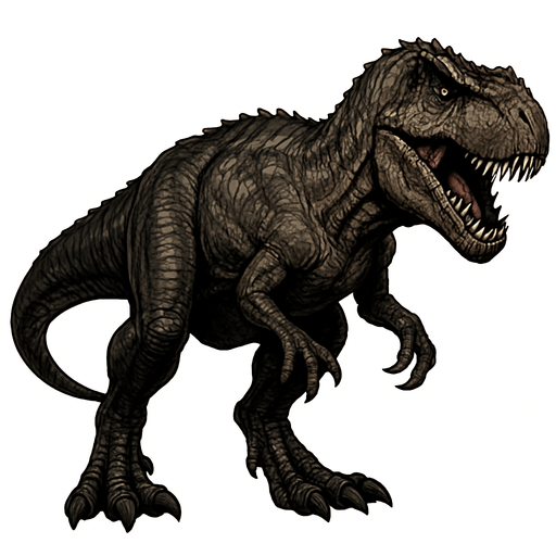 A massive Giganotosaurus dinosaur with rough, dark brown and gray scaly skin. It has a large, powerful head with sharp teeth visible in a slightly open mouth. The muscular body shows visible muscle definition and thick, tough skin. The claws are sharp, and the stance is aggressive and dominant..
In-Game asset.  2d.  High contrast.  No shadows