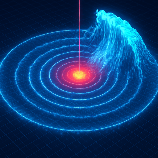 Growing expanding outward Overhead digital simulation hologram of oceanic meteor impact tsunami wave shockwave radius circle outward crashing neon cyberpunk 3d diagram