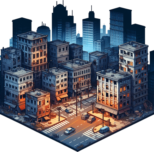 Город зомби апокалипсиса.
Single Game Texture. In-Game asset. 2d. Blank background. High contrast. No shadows.