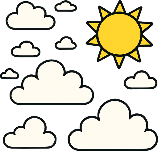 Un fondo todo celeste con nubes y un sol.
In-Game asset.  2d.  High contrast.  No shadows