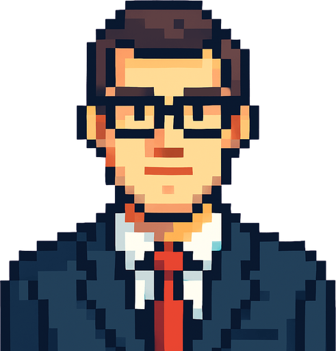 Hombre ejecutivo mirando a la cámara pixel art.
In-Game asset.  2d.  High contrast.  No shadows