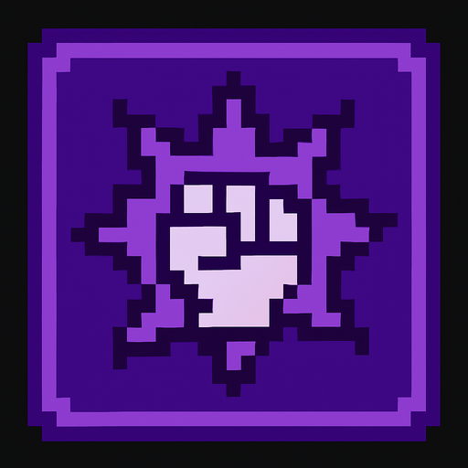Pixel art of a purple power-up icon with a spiked fist symbol or explosion inside. Represents bonus attack damage in a retro game.
In-Game asset.  2d.  High contrast.  No shadows