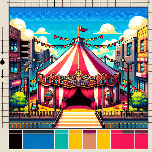 8 bit colorfull image about anime image of circus tent at city field.
Single Game Texture.  In-Game asset.  2d.  Blank background.  High contrast.  No shadows