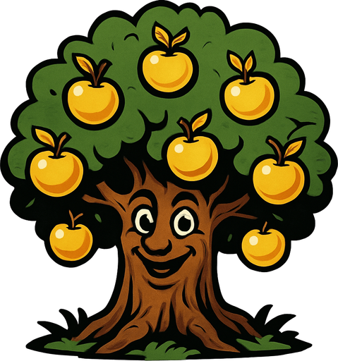 Yüzü olan bir ağaç altın elmalar var.
In-Game asset.  2d.  High contrast.  No shadows