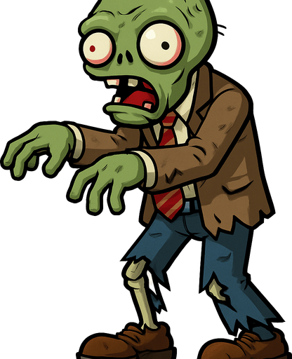 Zombie de piel verdosa y pálida, con una cabeza ovalada y dos grandes ojos saltones con pupilas pequeñas y rojizas. Su boca está abierta, mostrando dientes irregulares. Viste un traje de negocios marrón claro, una camisa blanca y una corbata roja a rayas, todo rasgado y sucio. Sus pantalones azules están hechos jirones, dejando ver una pierna esquelética, y calza zapatos marrones desgastados. Sus brazos están extendidos ligeramente hacia adelante.
In-Game asset.  2d.  High contrast.  No shadows